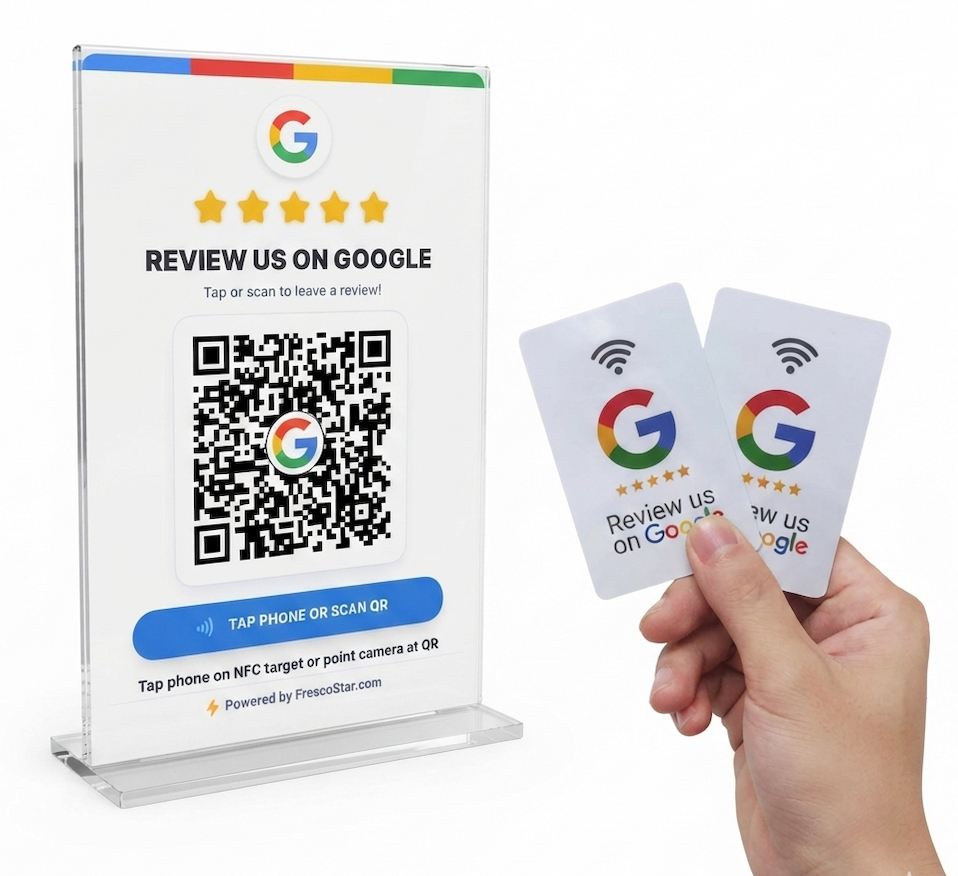 FrescoStar Reputation Kit: NFC + QR stand plus 2 smart Google review NFC cards